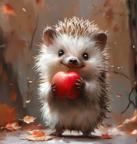 AI image generator prompt:Create a cute hedgehog in a simple style, carrying a red apple to