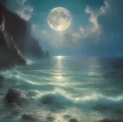 AI image generator prompt：The tide of the Spring River reaches the level of the sea, and the bright moon rises together on the sea.