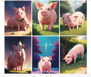 AI picture generator no sign up，six pig pictures generated by perchance, the content is cartoon